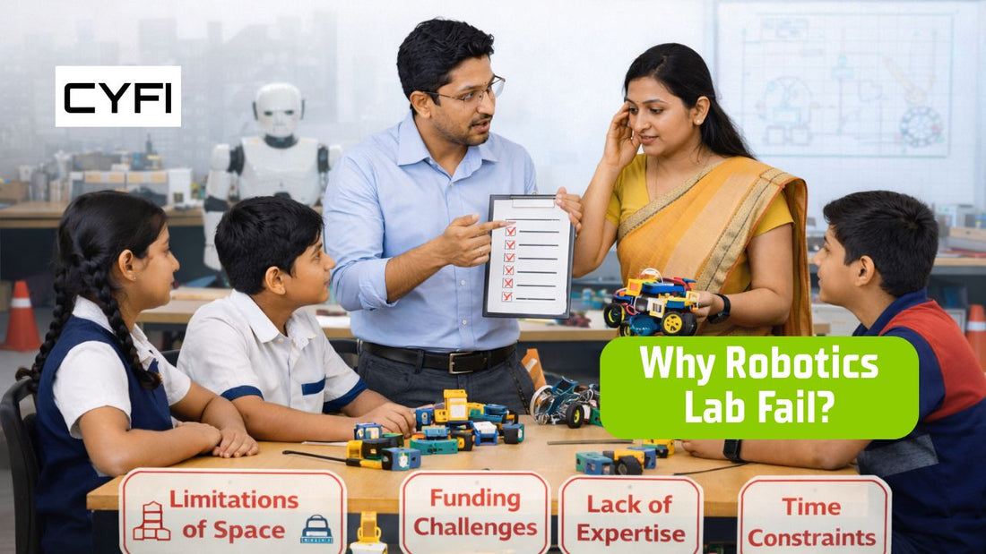 Students and teachers working in a school robotics lab, highlighting challenges and solutions in building robotics labs.